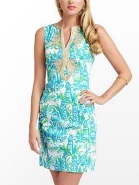 Lilly Pulitzer Aqua Green Embellished Sheath Mini Dress Gold Trim Size 4